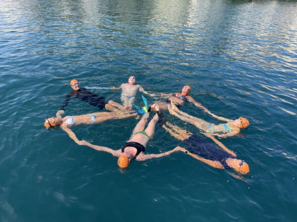 Schwimmer formen einen Seestern im Wasser.